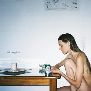 Cover art of Charlotte Cardin's 99 Nights.
Charlotte is sitting naked at a table, looking at a phone.
Her hair is wet as if she just washed herself.
There is a can of beer, an ashtray, and a candle on the table.