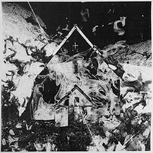Backxwash - HIS HAPPINESS SHALL COME FIRST EVEN THOUGH WE ARE SUFFERING Cover art of Backxwash's HIS HAPPINESS SHALL COME FIRST EVEN THOUGH WE ARE SUFFERING.
It depicts a church, but the images is black and white and quite grainy.
If I had to guess I would say that the church is on fire (or that the image of the church is on fire).