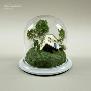 Cover art of Fenne Lily's Big Picture.
It depicts a snowglobe (though without the snow).
In the snowglobe there is a house half-swallowed up by the ground, with a person outside the house looking at it.
There are also some trees.