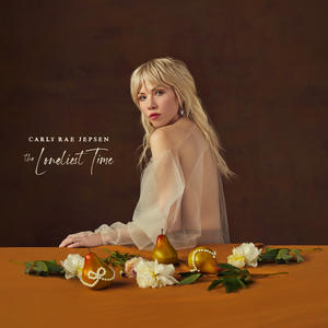 Cover art of Carly Rae Jepsen's The Loneliest Time.
It depicts Carly, looking straight at the camera while her body is angled away from the viewer.
Carly is wearing a transparent blouse.
In front of her are some pears and flowers on a table.