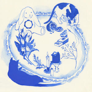 Cover art of Salt Circle.
It is a blue watercolour drawing.
It depicts a salt circle, along with two cats, a plush rabbit, some plants, a matchbox, two candles, a vial and a chain necklace.