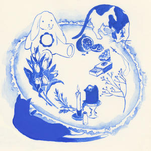 Eliza McLamb - Salt Circle Cover art of Salt Circle.
It is a blue watercolour drawing.
It depicts a salt circle, along with two cats, a plush rabbit, some plants, a matchbox, two candles, a vial and a chain necklace.