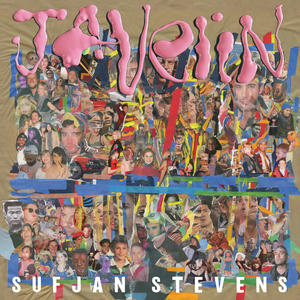 Cover art of Sufjan Stevens' Javelin.
It's a collage of all kinds of pictures and drawings on a brown background.
A number of the pictures are of Sufjan himself.
The title of the album, Javelin, is written at the top with a glossy effect, almost as if it was made by paint drips.