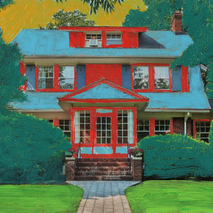 Cover art of Pinegrove's Montclair (Live at the Wellmont Theater).
I'ts a painting of a house, with blue roofs and red walls.
There is a short walkway up to the porch, and the house is surrounded by trees and bushes.