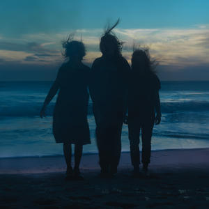 boygenius - the rest Cover art of boygenius' the rest.
It depicts Phoebe, Lucy and Julien standing on a windy beach.
They are standing next to each other and are facing the camera.
They are quite hard to see, due to the low light conditions when the photo was taken.