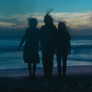 Cover art of boygenius' the rest.
It depicts Phoebe, Lucy and Julien standing on a windy beach.
They are standing next to each other and are facing the camera.
They are quite hard to see, due to the low light conditions when the photo was taken.