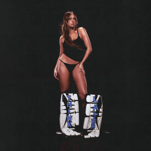 Tate McRae - Think Later Cover art of Tate McRae's Think Later.
Tate McRae is pictured, wearing a black tank top, Tanga panties and big ice hockey pads (typically worn by goalies).
The words Think Later are written on the pads.