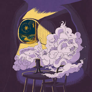Cover art of Another Michael's Wishes to Fulfill.
It's a drawing, primarily in purple, showing a chair at a table.
On the table is a candle, that has just gone out, which is producing a lot of smoke.
Behind the table there is an open (round) door, through which a falling star can be seen outside.